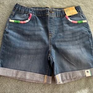 Womens Size 16 Pull On Denim Shorts Elastic Waist Stretch Cuffed Comfy